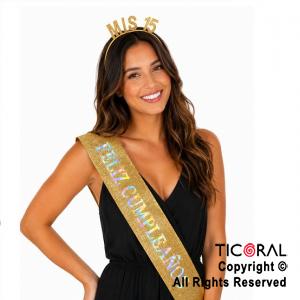 SET VINCHA MIS 15 Y BANDA FELIZ CUMPLEA�OS ORO